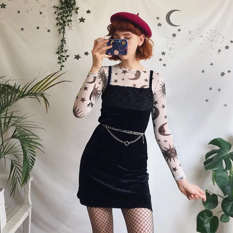 Прозрачная сетчатая сексуальная футболка с принтом Солнца и Луны женская