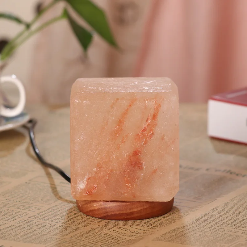 Square Creative Crystal Salt Lamp Bedroom Bedside Living Room Nightlight Decoration Wooden Base Table Led Christmas Lights |