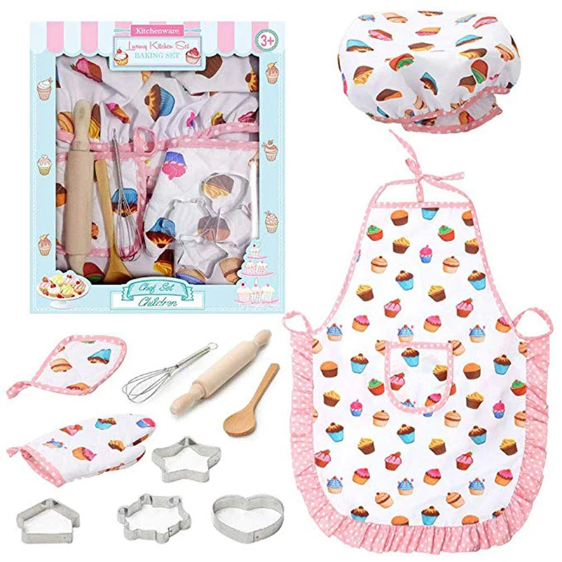 

Girls Boys Aprons Role Play Kitchen Cooking Baking Toys Cooker Play Set Children Kids Cooking Kitchenware Bake Set Hat + Apron