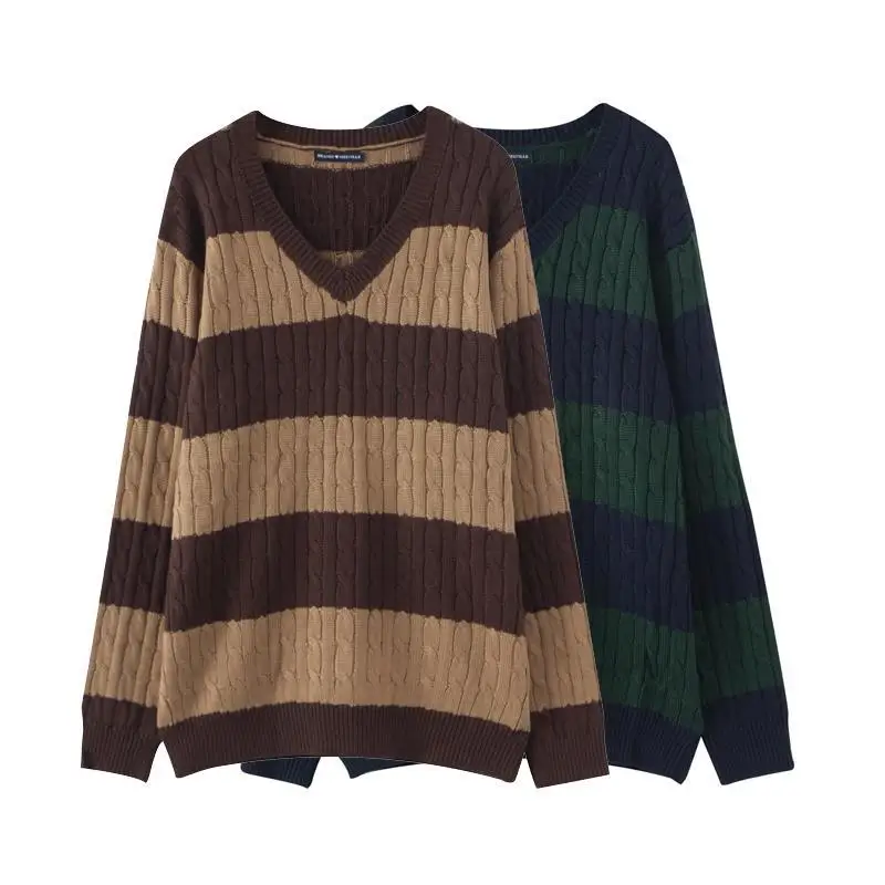 

Модный винтажный полосатый свитер с V-образным вырезом 2021, женский свободный пуловер, вязаная одежда с длинным рукавом, Женская шикарная три...
