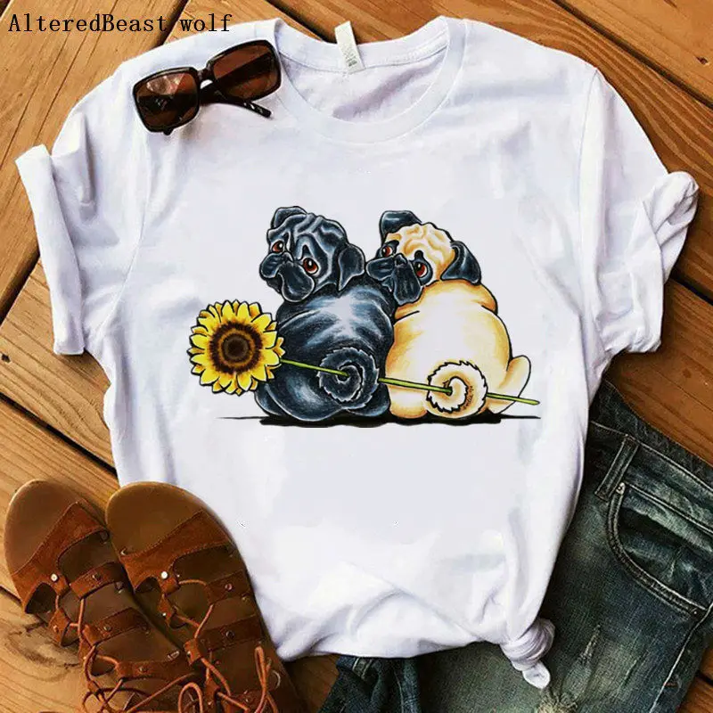 

Women Fashion Sunny Pugs T shirt Casual O-Neck Short Sleeve Sunflowers T-shirt Print Tee Tops Female Harajuku White Clothes
