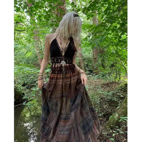 Women Vintage Midi Skirt Y2K Fairycore Boho Elastic High Waist Skirt Stripes Print A Line Swing Long Skirt Ruffle Hem Streetwear
