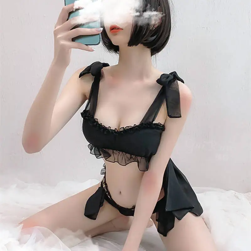 

Sexy Lingerie Shoulder Strap Adjustable Cute Lace Embellishment Maid Playful Uniform Temptation Chiffon Perspective Pajamas