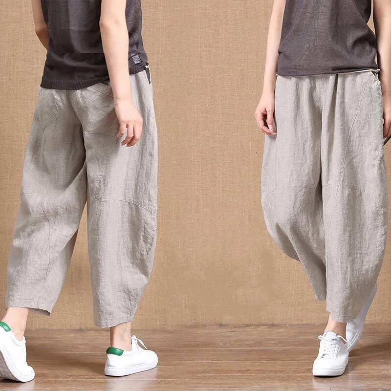 

2021 New Women's Harem Pants Vintage Solid Trousers Casual Elastic Waist Long Pantalon Female Linen Palazzo Summer Turnip Pants