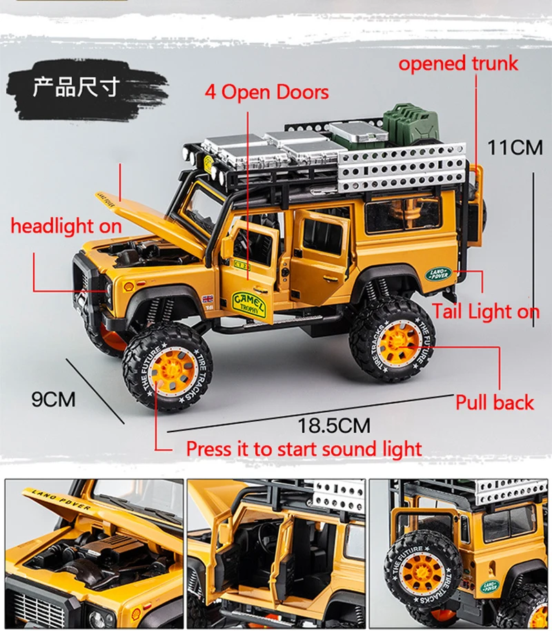 

1:28 Diecast Alloy Toy Car Model Camel Defender Metal Toys Vehicles Trophy Pull Back Sound Light Collection For Children Gift