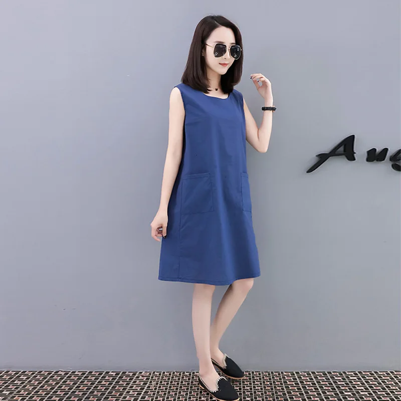 #0490 летние свободные платья миди без рукавов женское повседневное льняное платье