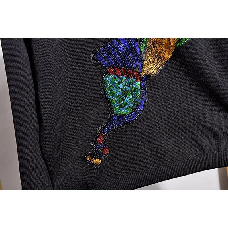 

Fashion Black Knit Tracksuit Outfits Women Autumn Manual Sequin Peacock O Neck Knitwear +Pencil Pants Female Casual Knitted Sets
