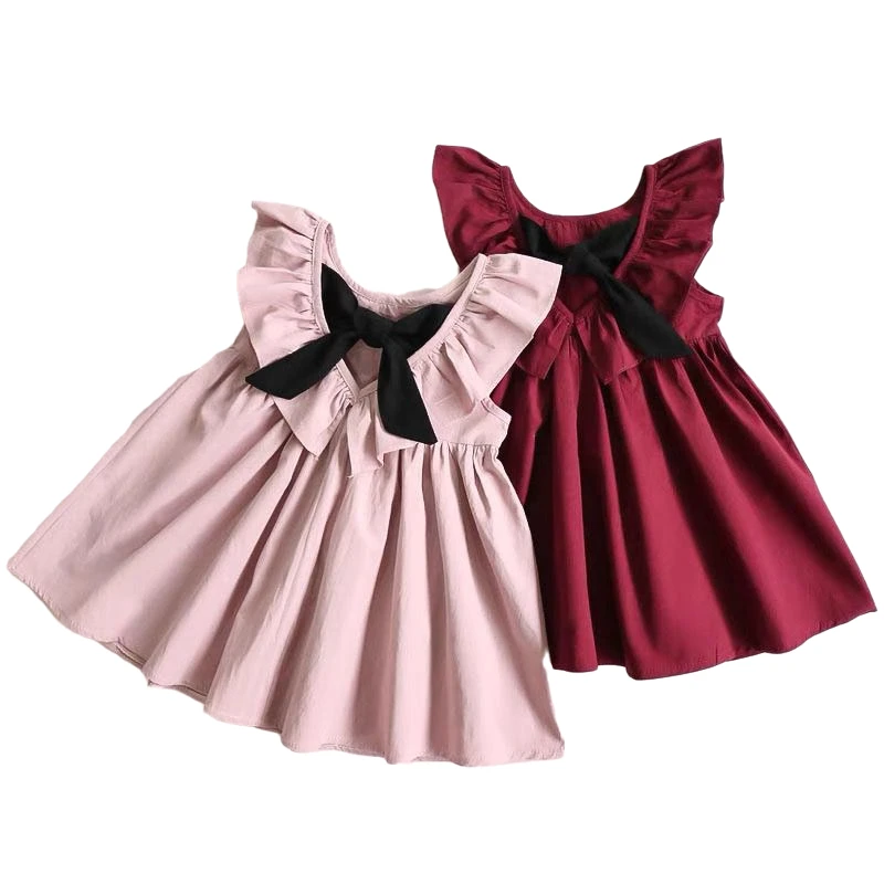 

Toddler Kids Girls Solid Dress Sleeveless Turn-down Collar Red Pink Summer Party Bow Pleated Dresses For Girls Children Clothes