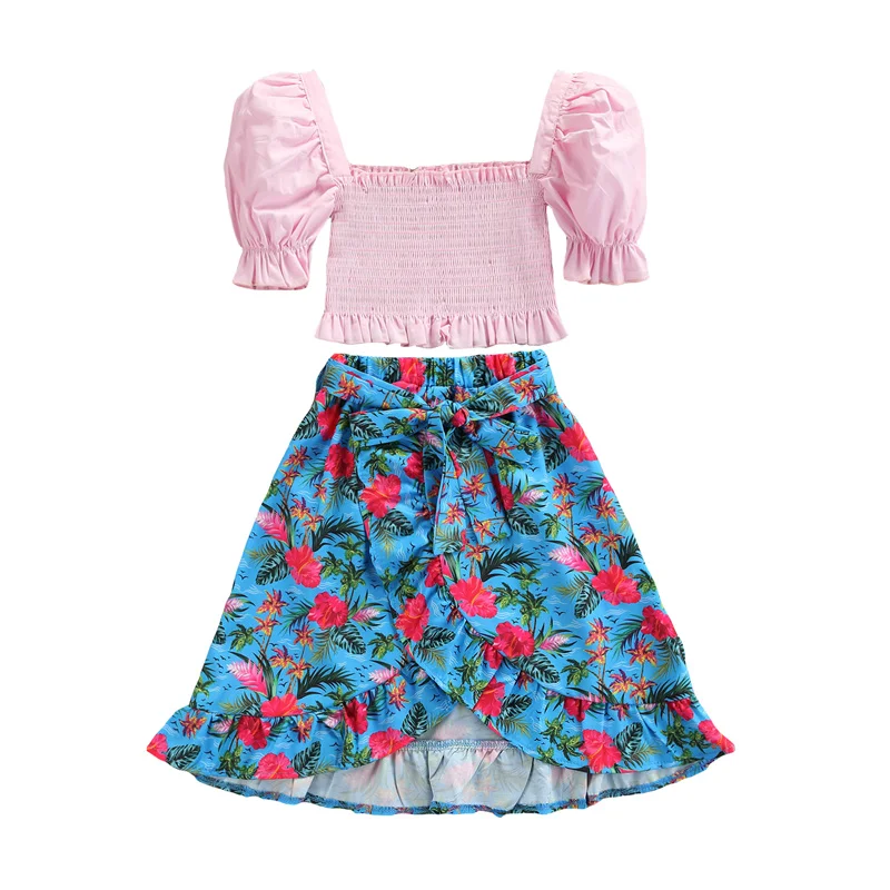

3Pcs Sweet Style Little Girls Outfit, Summer Solid Color Puff Sleeve Short Tops + Floral Printing Half Skirt + Belt Set,2021