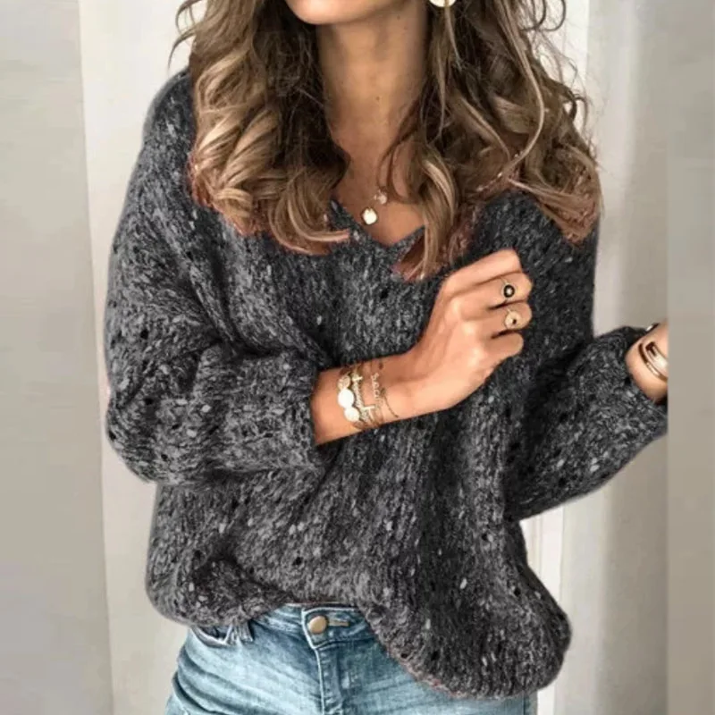 Autumn Winter Casual V-neck Sweaters Women Long Sleeve Knitted Pullovers Female Loose Tops Pull Jumper Drop Shipping 2XL |
