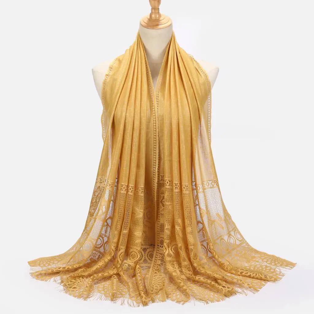 

10pc/lot Muslim Solid Color Lace Hollow Scarfs Headbands Soft Cotton Muslim Hijabs Scarf for Women