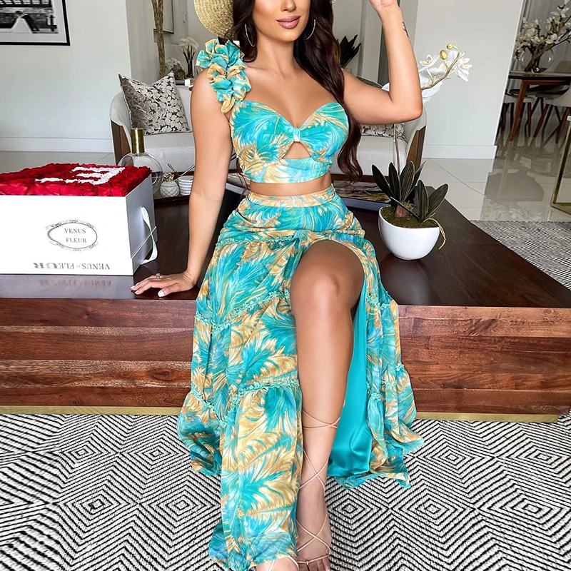 

Women Two Piece Skirt Set Hollow V-Neck Sleeveless One Shoulder Ruffles Crop Top & Loose Slim Fit High Slit Maxi Skirt Set