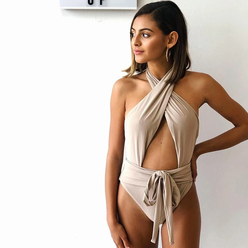 

One Piece Sexy Women Swimwear Bow Swimsuit Padded Bathing Suit Cut Out Beach Wear Bodysuit Monokini Female Halter Swimwear