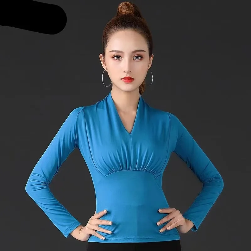 

Latin Dance Tops V-neck New Female Adult Modern National Standard Dance Tops Ballroom Dance Costumes Performance Dance Clothes