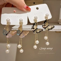 korean fashion new style personality net red temperament freshwater pearl butterfly long earrings female