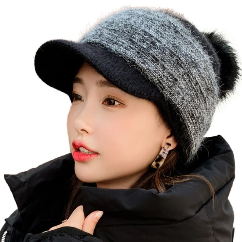 Women Winter Thick Warm Fuzzy Knit Beanie Cap with Visor Bill Cute Pompom Cold Weather Windproof Skullies Baseball Cap