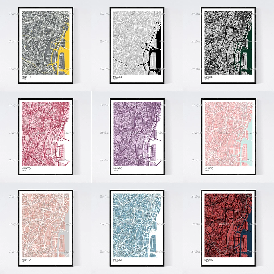 

Minato, Tokyo Map Nordic Retro Minimalism Painting Posters and Prints on Canvas Wall Art Modular Pictures Home Decor Gift
