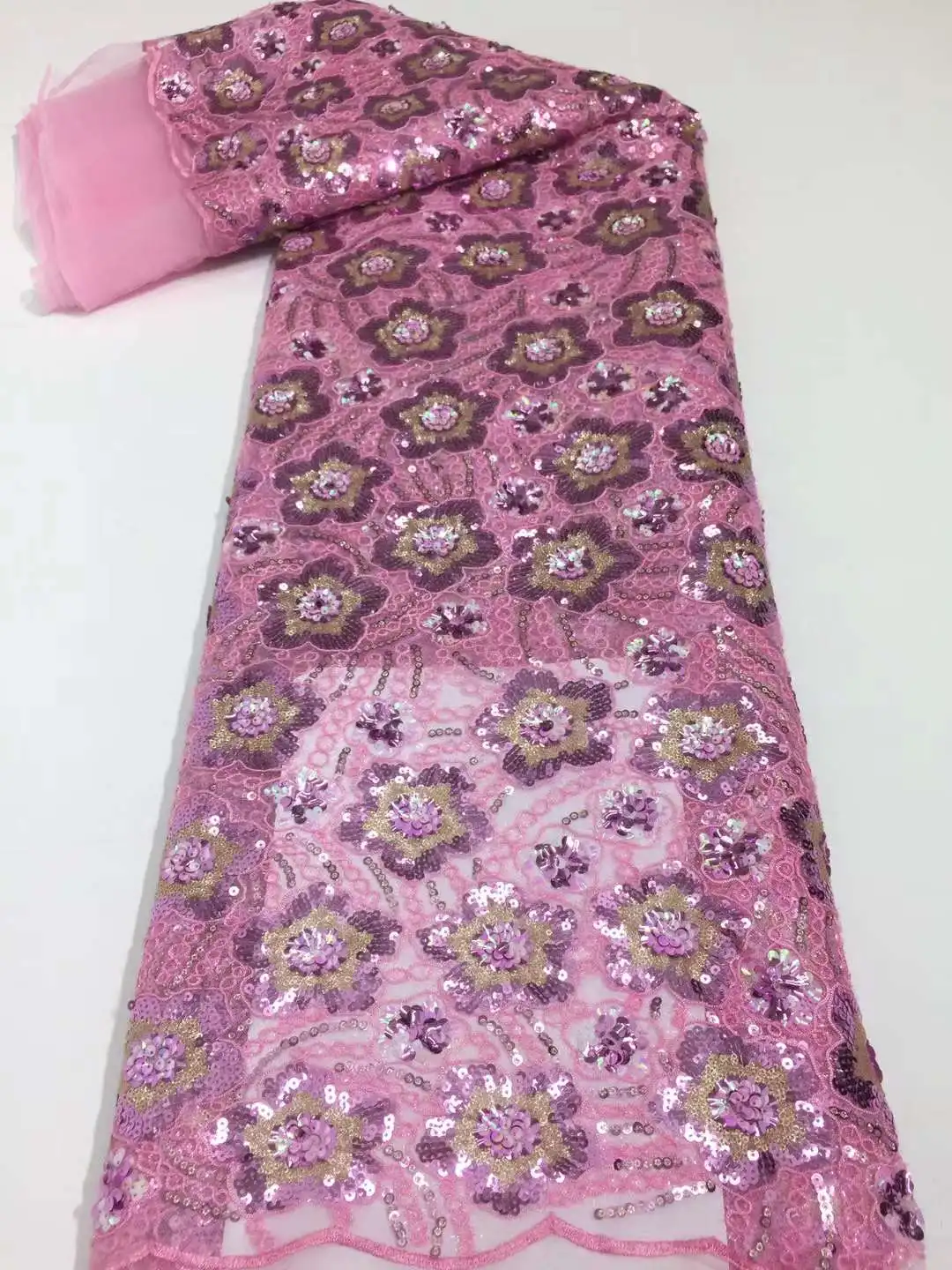 

Hot Sale French Mesh Lace Fabric Stack Sequins Tulle Embroidery Sewing DIY Party Wedding Dress Skirt Trimming 5 Yards Wholesale