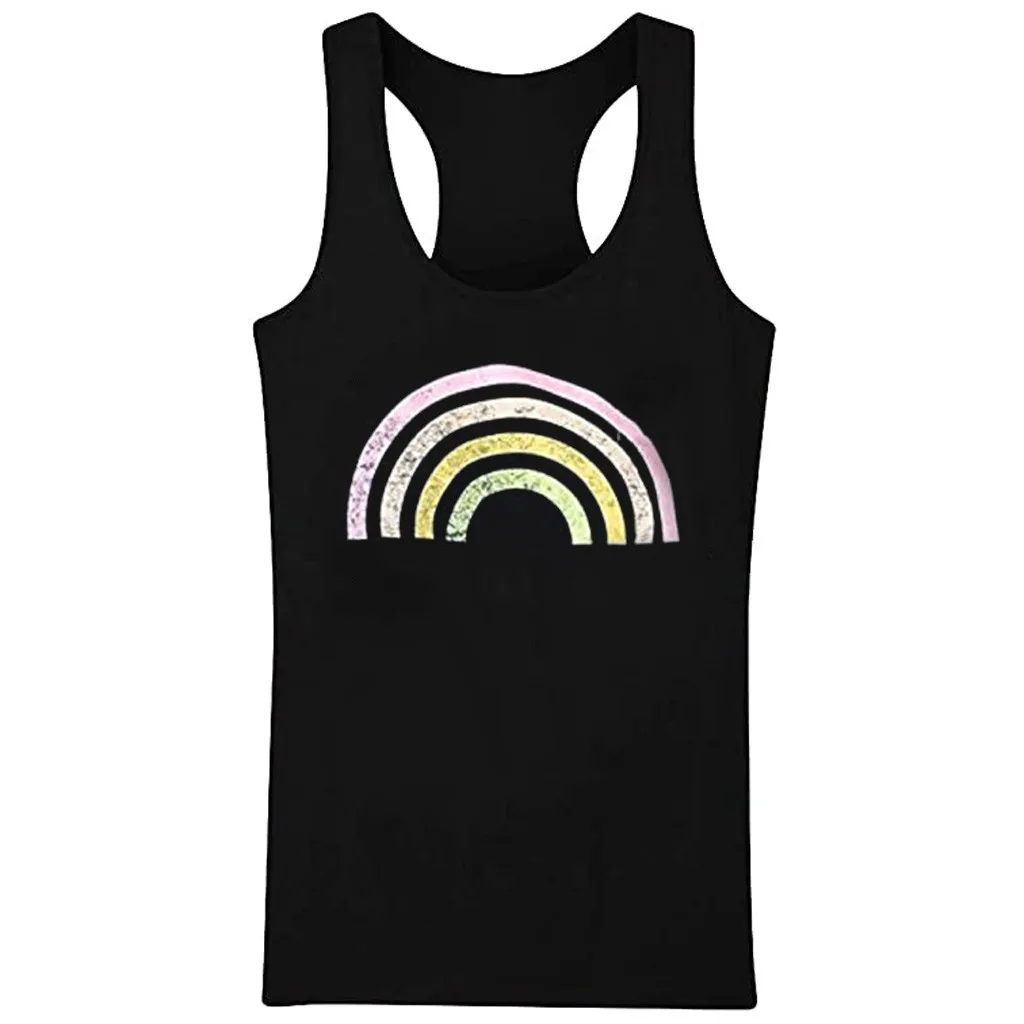 35 # Топы женские весенние без рукавов радужные печати o образным вырезом Твердые