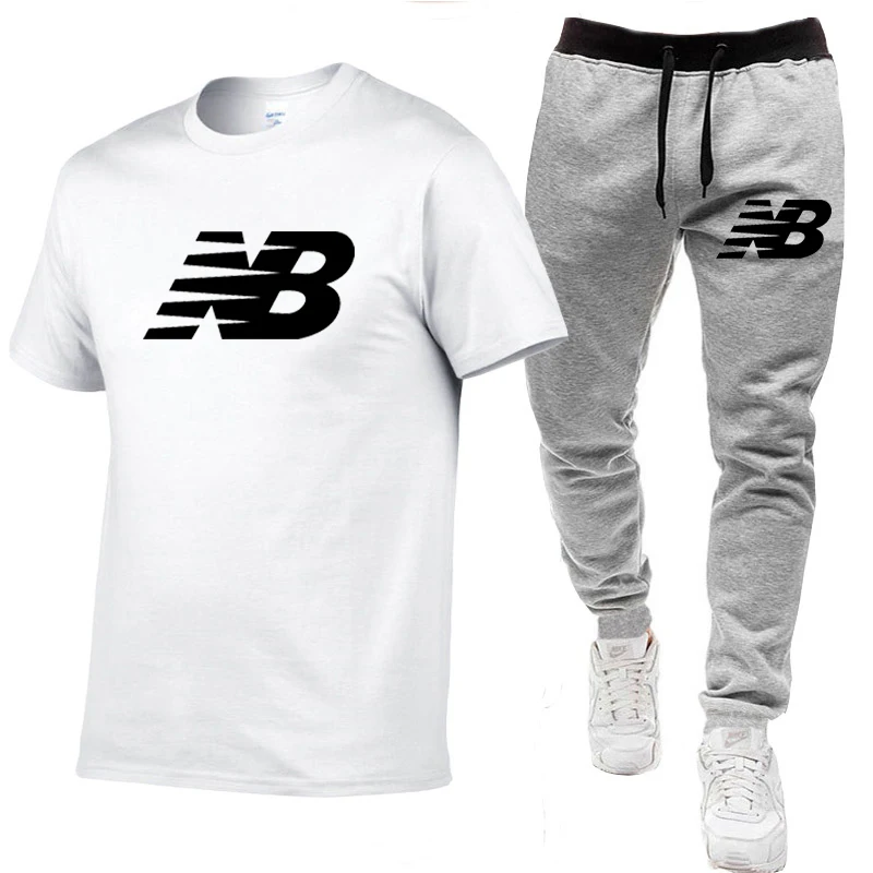 

Men's brand sportswear Sets cotton Quick Drying Gyms Fitness running suit fashion short sleeve t shirts + jogging trousers 2pcs