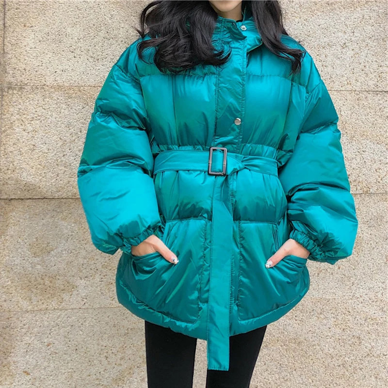 

Fitaylor Winter Women Fashion Loose Thick Warm Cotton Coat Long Parka Stand Collar Bright Color Windproof Outerwear with Belt