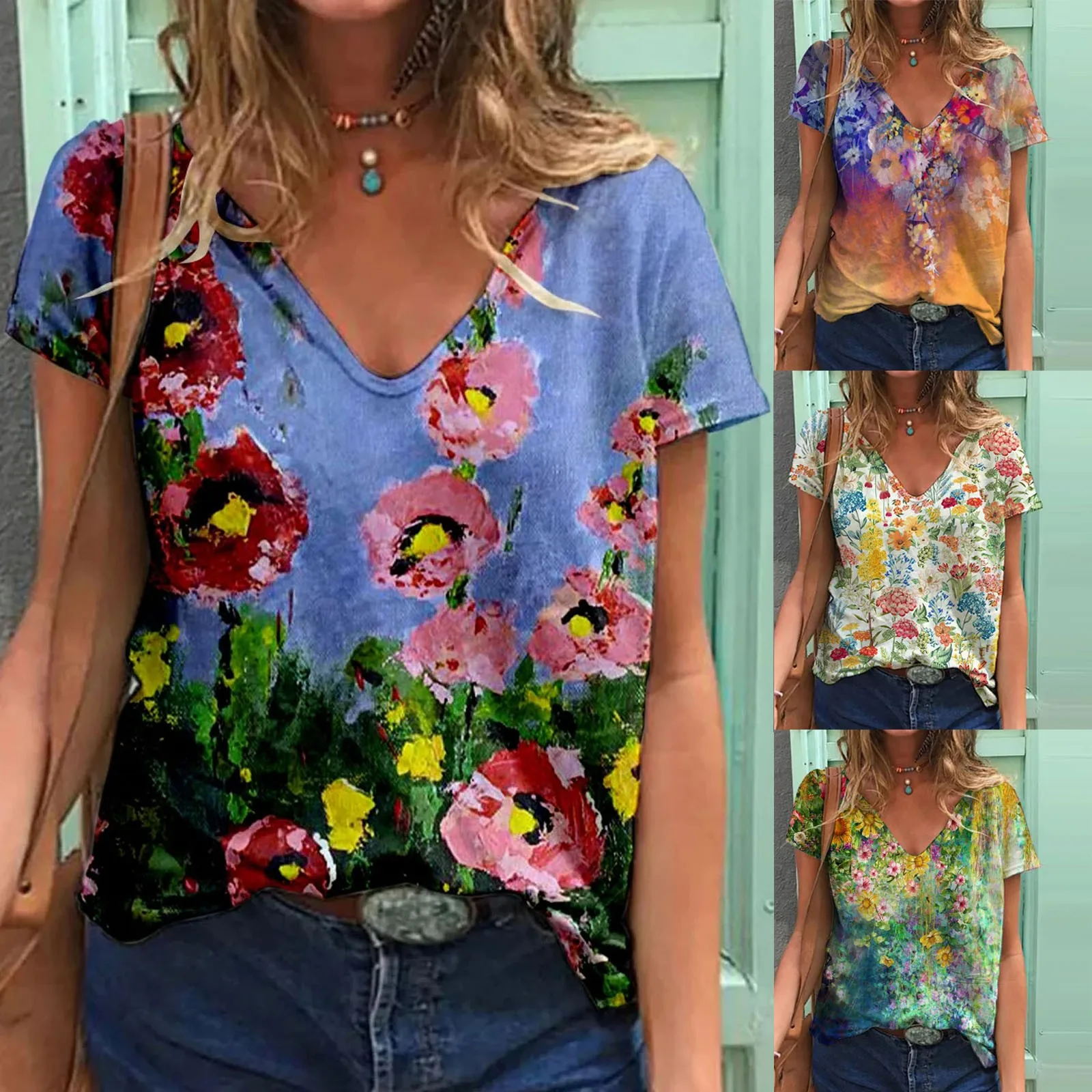 

flower pattern T-Shirts Plus Size Women Short Sleeve Printed V-Neck blusas mujer manga corta young beauty tshirts
