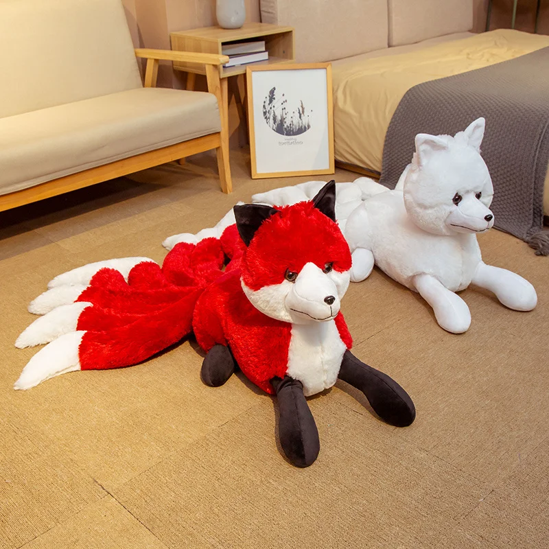 Супер милая мягкая белая и красная плюшевая лиса с девятью хвостами игрушка
