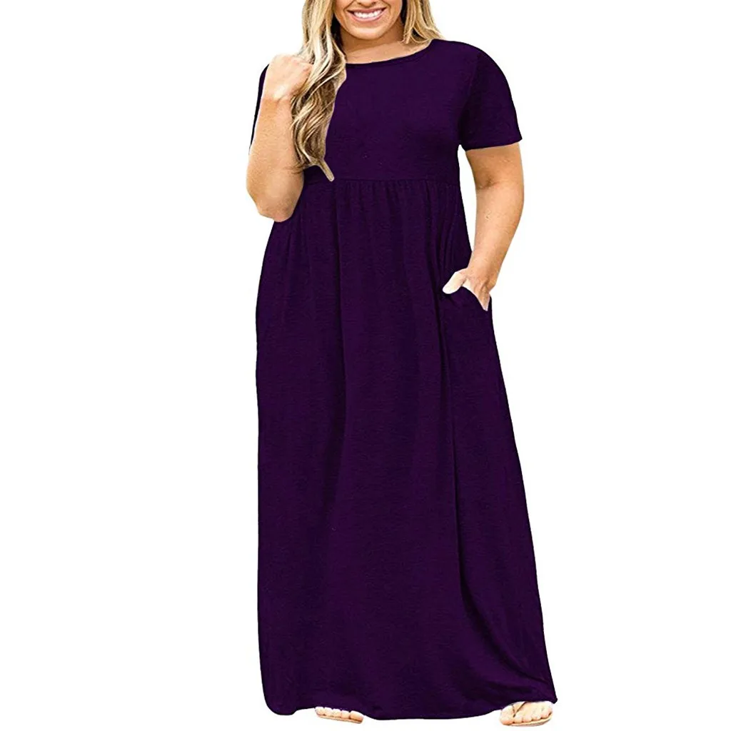 Plus Size Women Short Sleeve Dress Summer Solid Color O-Neck Long With Pockets Vestidos Female | Женская одежда