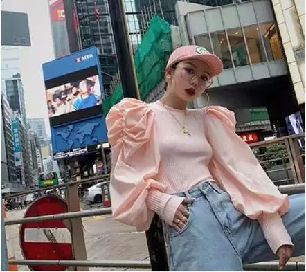 picture color Лоскутные вязаные женские свитера с круглым вырезом с пышными рукавами и рюшами, уличная женская кофта, осенняя мода, новинка - Цвет: picture color