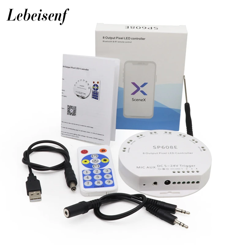 

Контроллер музыкальной светодиодной ленты SP608E, SK6812, WS2815, WS2811, WS2812B, 8-канальный выход сигнала, встроенный микрофон, IOS, Android, Bluetooth, приложение DC5V-24V