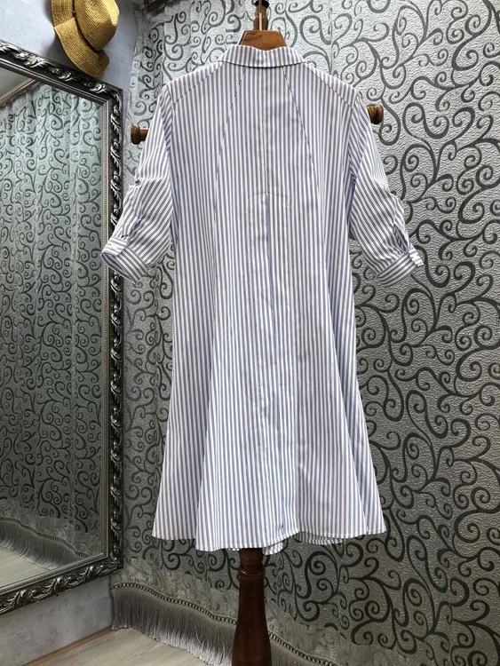 

2021 spring and summer new women's fashion casual lapel tie decorative stripe long sleeve dress 324