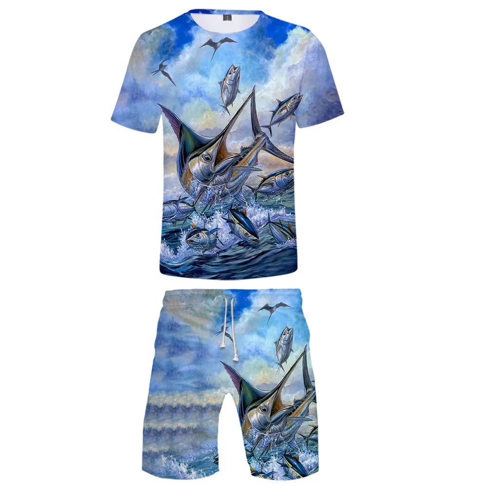 

2021 Fashion Printed fishing 3D T-shirt Tracksuit Sets Men/Women Summer Two Piece Sets T shirt+Shorts Harajuku Streetwear&Pant