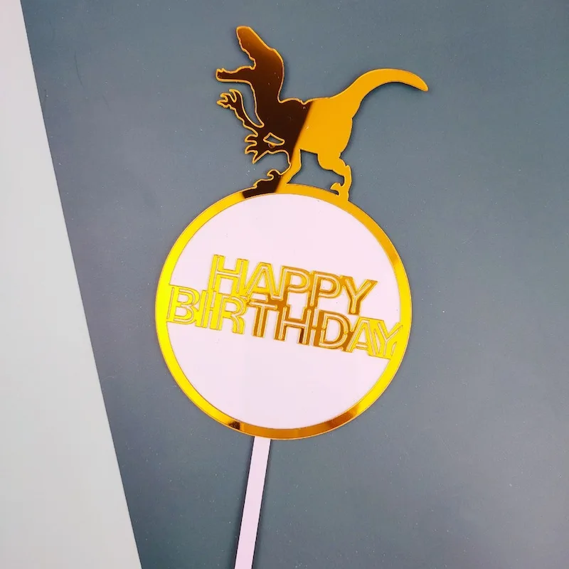 Dinosaur Theme Cake Topper Acrylic Golden Happy Birthday Cake flags High-end birthday Cupcake Toppers Kids Party Cake Decoration images - 6