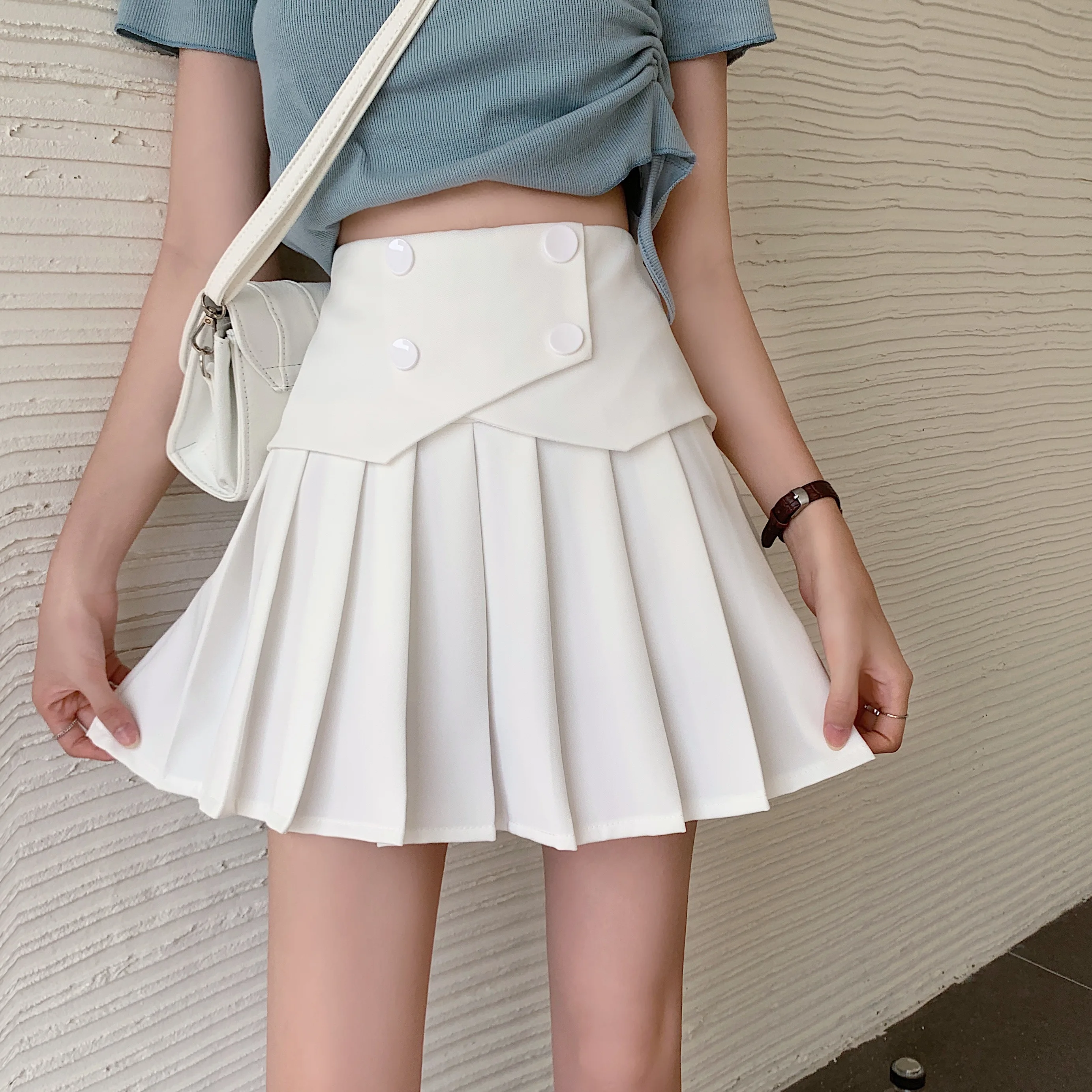 

Women Girls Short High Waist Pleated Skater Tennis Skirt Korean Fashion Kawaii Double Breasted Mini Skirts