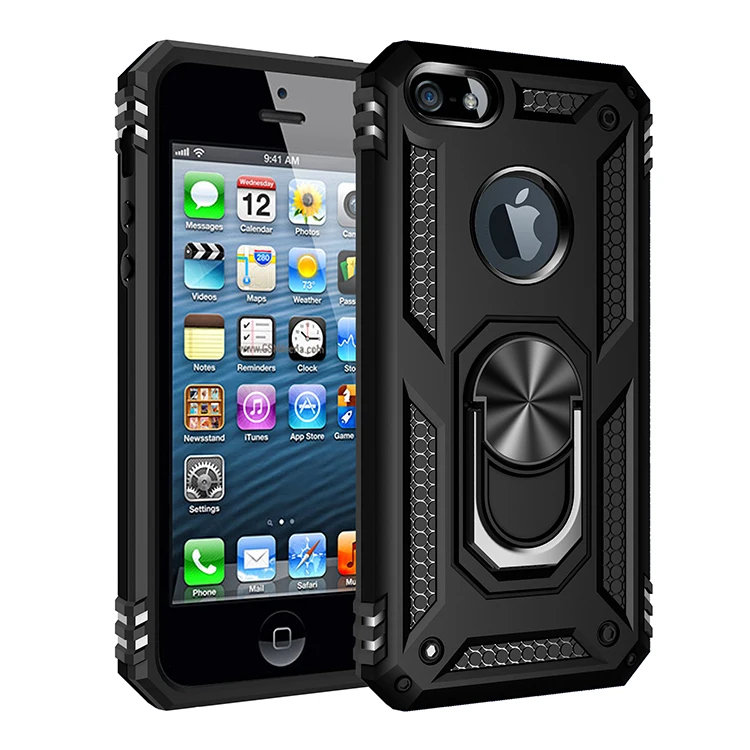 Black Phone Case Броня чехол для телефона iPhone 5 5S SE палец кольцевой магнитный держатель противоударный мягкий край Kickstand чехол Coque Capinhas - Цвет: Black Phone Case