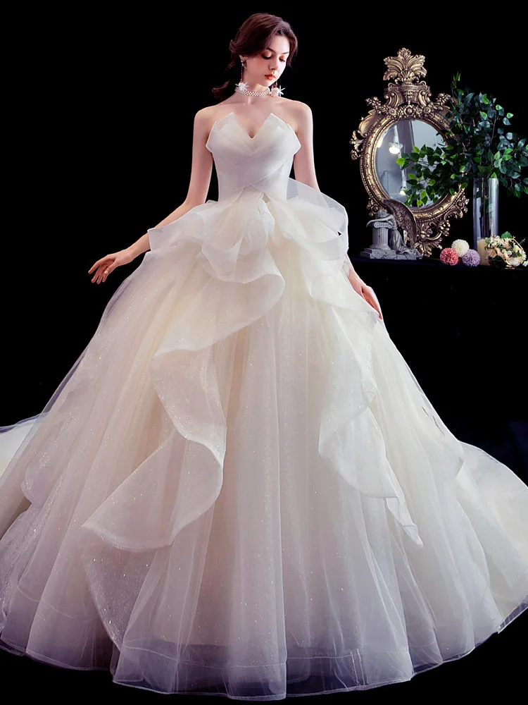 2021 Strapless Wedding Dress With Brush Train Lace Up Bridal Ball Gown Classic Robe De Mariee Customize Vestido De Noiva