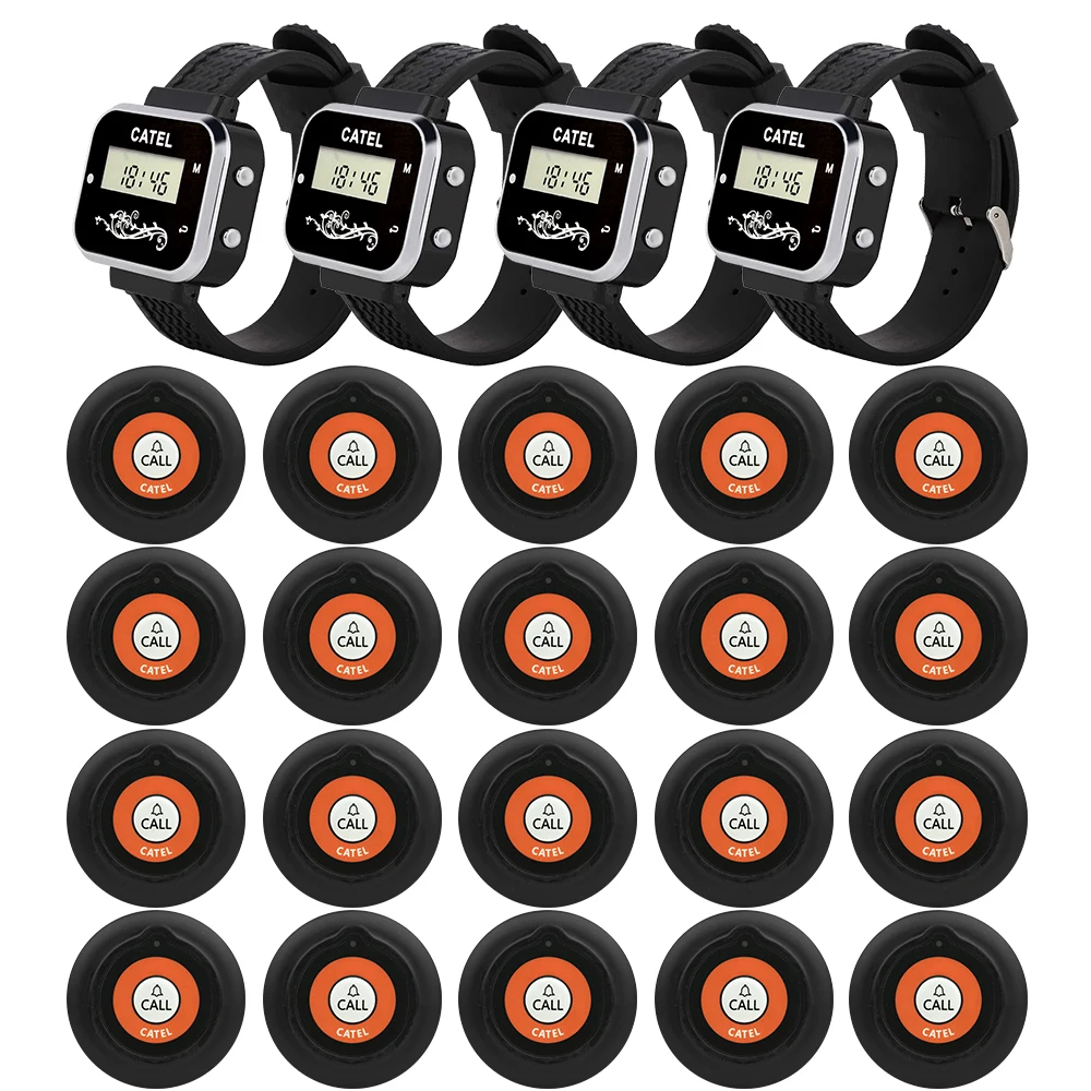 CATEL Wireless 20 Call Button Transmitter 4 Watch Receiver Pager 433.92mhz for Restaurant Cafe Office Calling System Buzzer