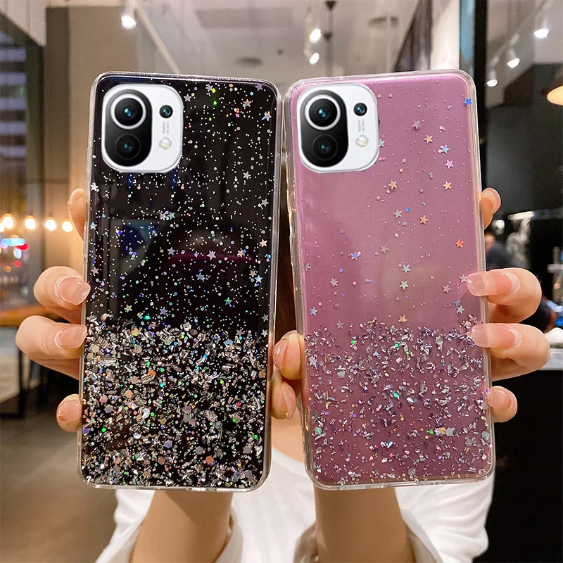 for xiaomi mi 11t mi 12 pro case clear glitter bling phone case for redmi note 9 9s 11 10 10s 11s 10t lite poco m4 x3 pro cover free global shipping