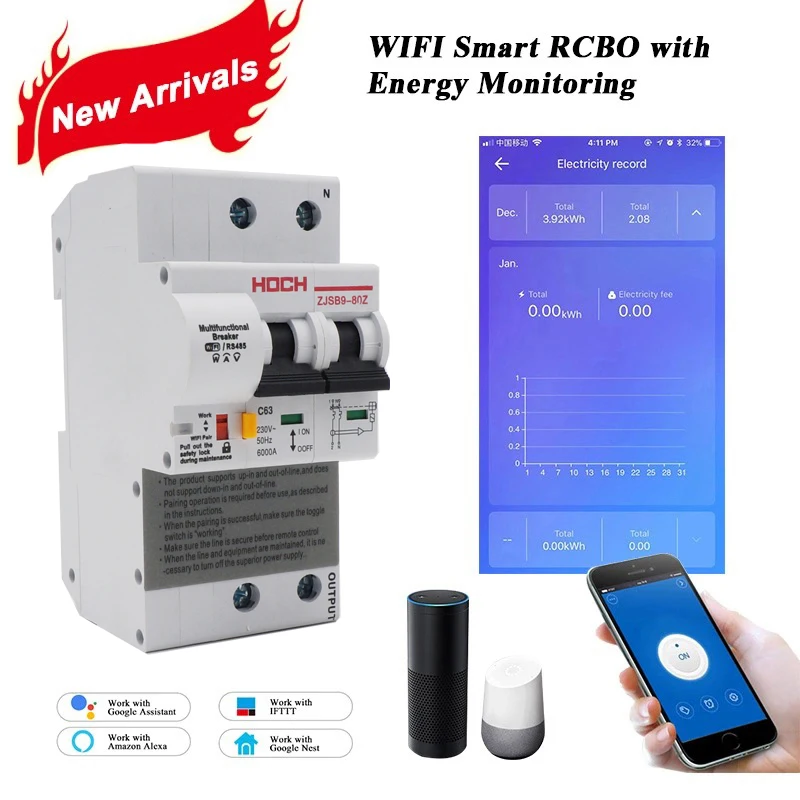 HOCH 2P wifi автоматический выключатель мониторинг энергии заводской Таймер Пульт дистанционного управления Ewelink Tuya app беспроводной умный Интеллектуальный переключатель