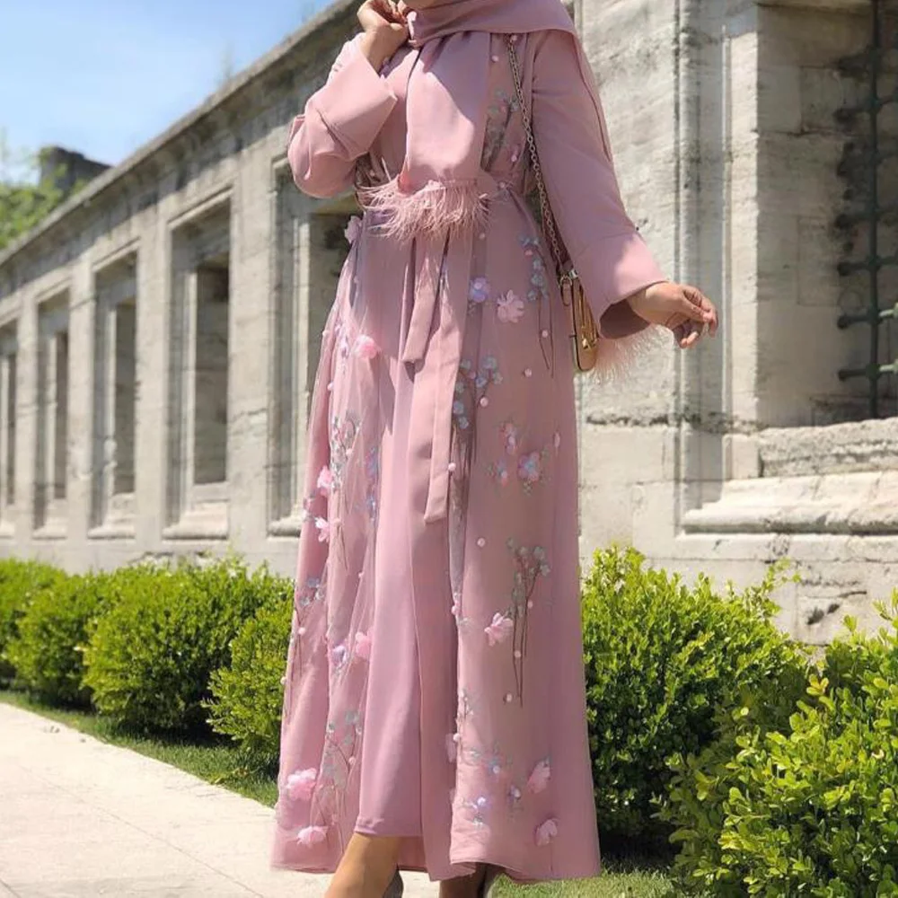 Модное мусульманское Розовое Кимоно с цветочной вышивкой Abayas Дубай Арабский