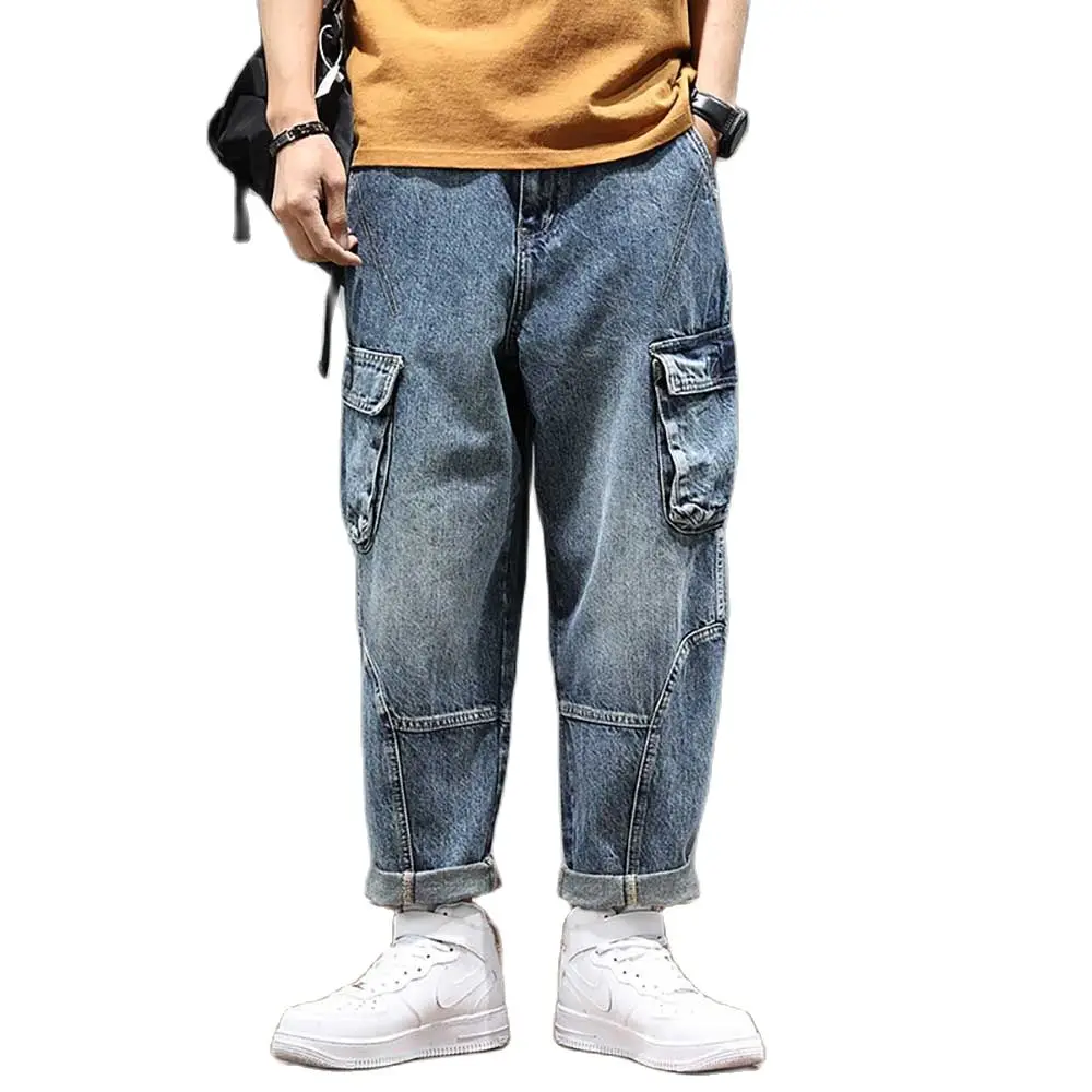 

Plus Size Trend Baggy Cargo Pants Men Casual Overalls Denim Streetwear Trousers Pocket Patchwork Harem Jeans Clothing