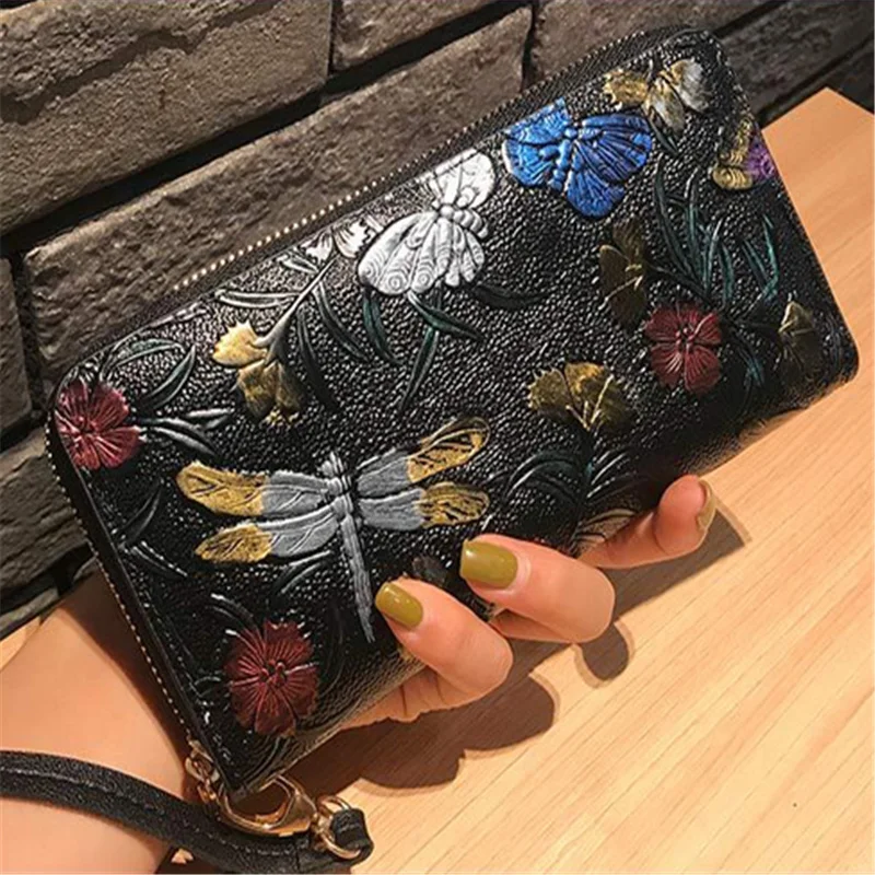 Women Long Wallet Genuine Leather 3D Embossing Rose Dragonfly Butterfly Clutch Women Bag Large Capability Zipper luxury Hangbags
