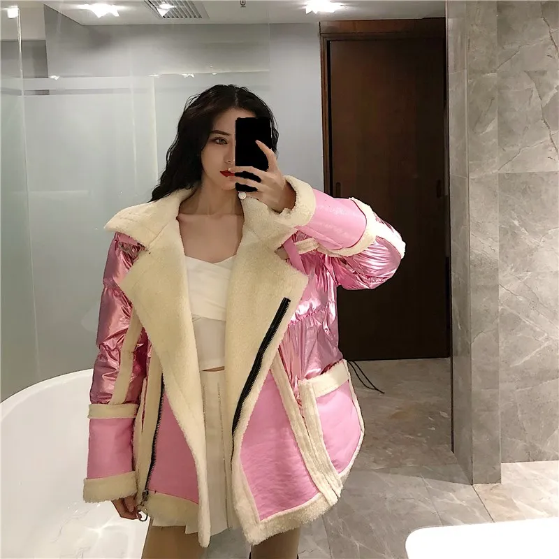 WHITNEY WANG осенне-зимняя модная уличная шерстяная куртка из искусственной кожи с подкладкой женская кожаная куртка в байкерском стиле Толстая парка пальто