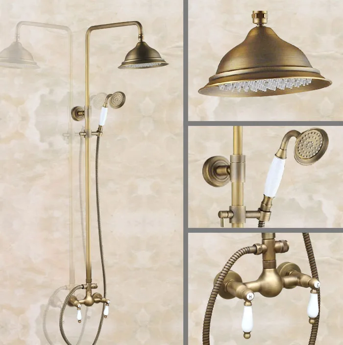 

Retro Antique Brass Wall Mounted 8 Inch Rain Bathroom Rainfall Shower Faucet Set Double Handle Hand Spray Head Mixer Tap 2an116
