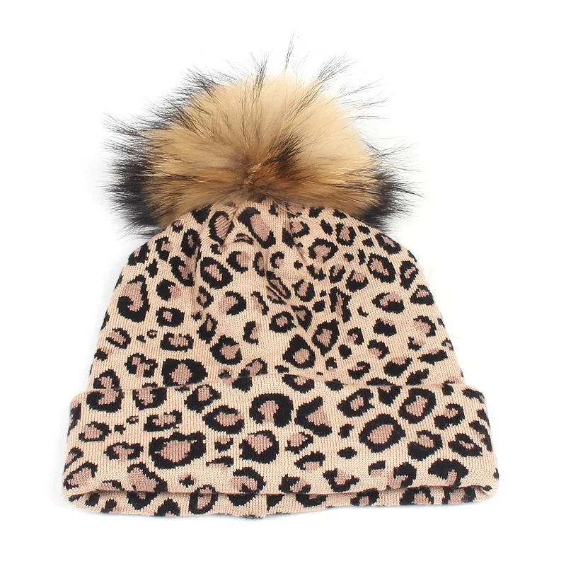 

Women's Leopard Color Beanie with Raccoon Pompom Winter Warm Knitted Acrylic Slouchy Beanies for Femme Pompom Ball Skullies