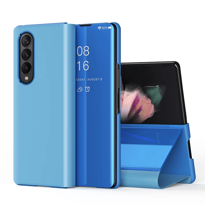 smart flip cover for samsung galaxy z fold 3 2 5g mirror bracket plating pu leather case shockproof phone for z fold 3 5g case free global shipping