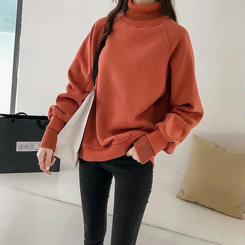 

Womens Sweatshirt Turtleneck Patchwork Fashion New Plus Size Loose Harajuku Femme Street Velvet Thick Warm Pullover