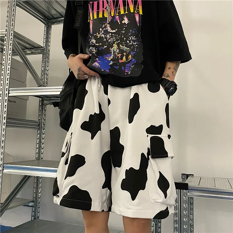 

Harajuku Korean summer streetwear tooling cow print loose sporty casual shorts women