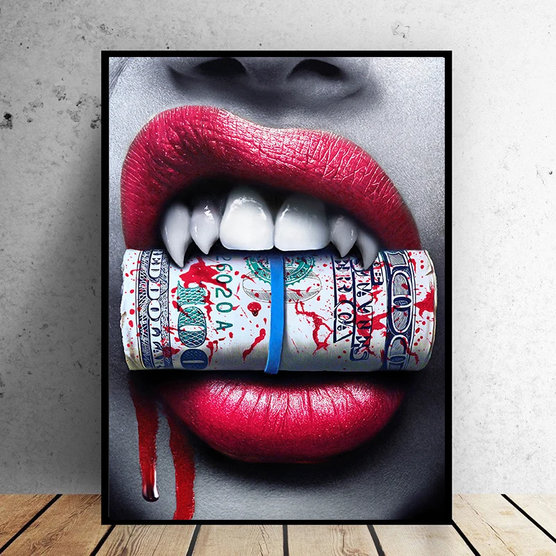 Самоотверженно Wall Art принты Плакаты сексуальные красные губы Bite Bullet и деньги Современные холст картины для гостиной Декор