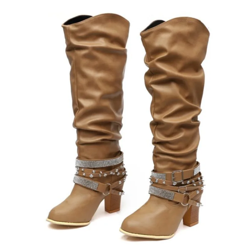 

Women High Heel Knee-high Boots Autumn Western Long Boots Artificial Pu Waterproof Buckles Boots 2021 New Fashion Shoes